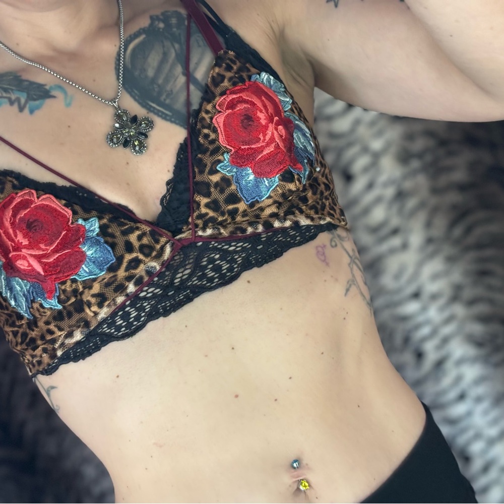 Leopard Print Lace Bralette with Red Rose Embroidery